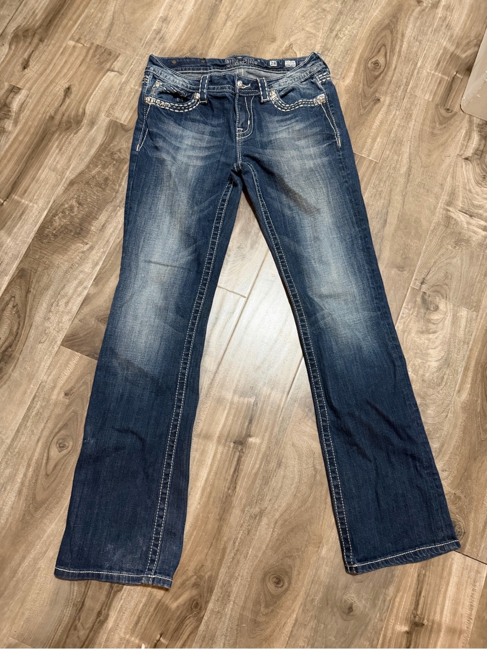 Miss Me Easy Boot Jeans Womens 28/31 Rhinestone Studded Flap Pocket Bootcut